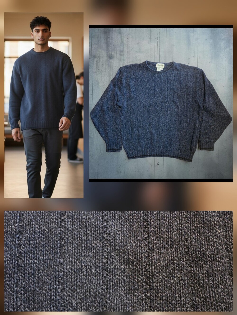Eddie Bauer 90s VTG Sweater Navy Blue Cotton Blend USA Subtle Ribbed Crewneck XL